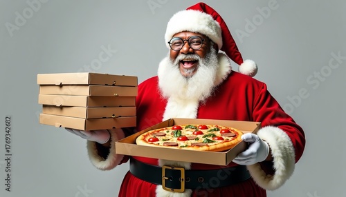 smiling adult dressed as Santa Claus holds two large pizza boxes, radiating joy against gray background, evoking festive and cheerful atmosphere, Christmas, winter holiday spirit