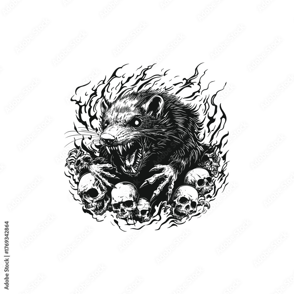 Obraz premium Stylized vector illustration of an aggressive rat standing on a pile of human skulls, surrounded by dark flames or energy, perfect for gothic and horror themes.
