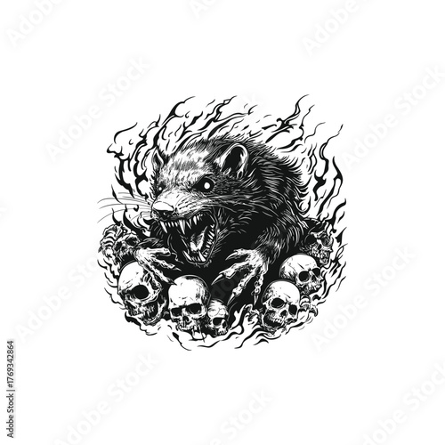Stylized vector illustration of an aggressive rat standing on a pile of human skulls, surrounded by dark flames or energy, perfect for gothic and horror themes.