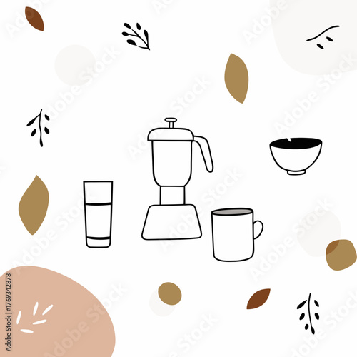 Minimalistic illustration of kitchen utensils including a blender and cups