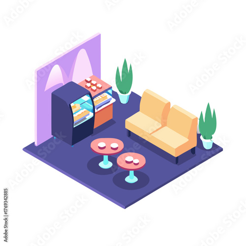 Isometric coffee break station with seating area and snack vending machine