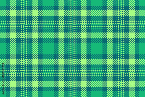 Club fabric tartan seamless, individuality plaid textile pattern. Direct vector check texture background in cyan and green colors.
