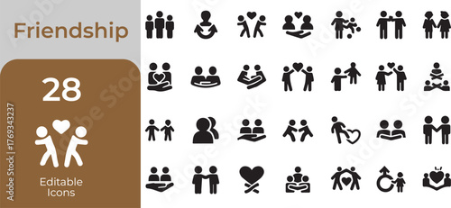 Collection of diverse friendship icons representing connection support and togetherness in various human relationships