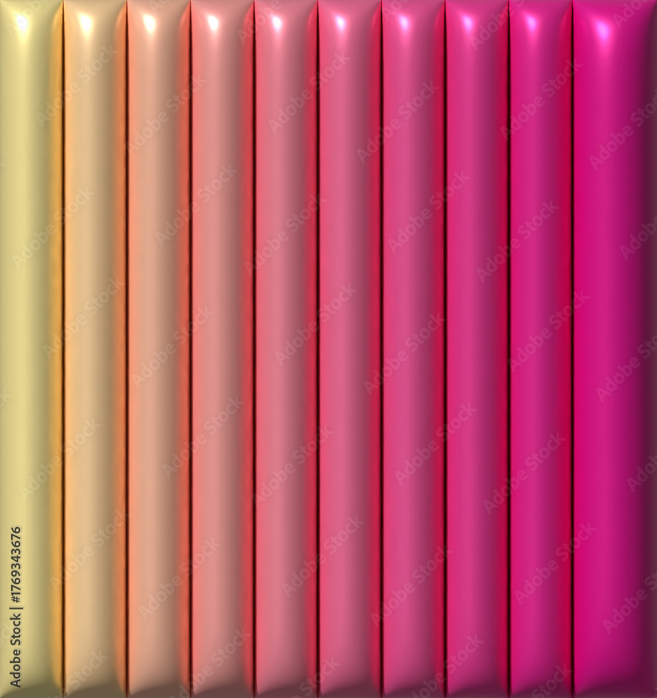 Obraz premium An abstract background with vertical glossy cushion panels that transition in a gradient from yellow to hot pink. 3D rendering illustration.