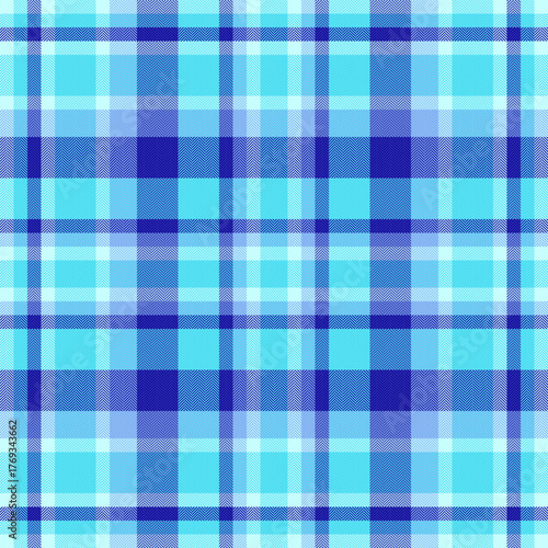 Place texture pattern background, coloured check plaid fabric. Setting seamless vector textile tartan in cyan and indigo colors.