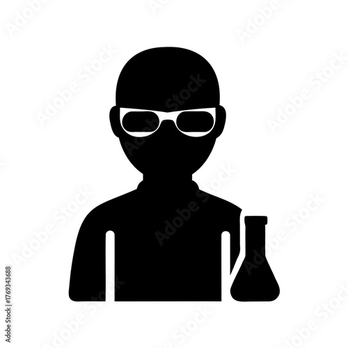 Silhouette of a person with glasses and a laboratory flask on table