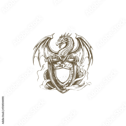 vintage engraving illustration of a fierce mythological dragon with spread wings, clutching and protecting a blank heraldic shield