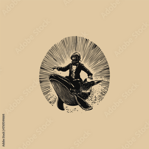 Surreal vintage illustration of a gentleman in a suit and old-fashioned deep-sea diving helmet, riding a whale, rendered in sepia tones with a radiating light burst background