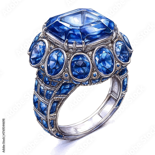 Sapphire Ring, watercolor painting vector, isolated on a white background.
