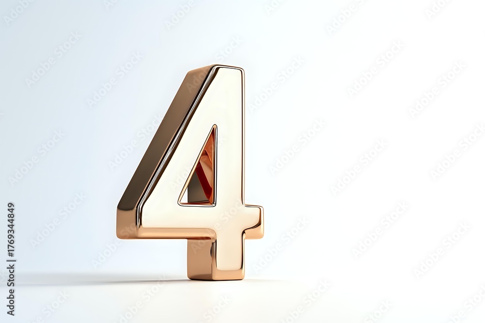 Fototapeta premium Metallic rose gold number 4 standing upright on white surface with soft shadow, isolated on white background for design and typography projects.