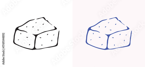 A hand-drawn sugar cube in black line art style, ideal for food and beverage-related themes such as desserts, drinks, and kitchen ingredients.