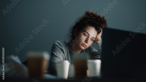 Tired woman working late at laptop

