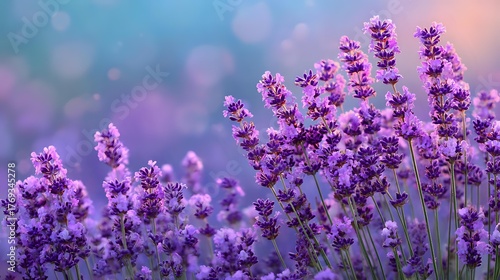 Purple lavender flowers blooming in soft evening light with dreamy bokeh background, creating romantic and tranquil natural atmosphere in garden setting.
