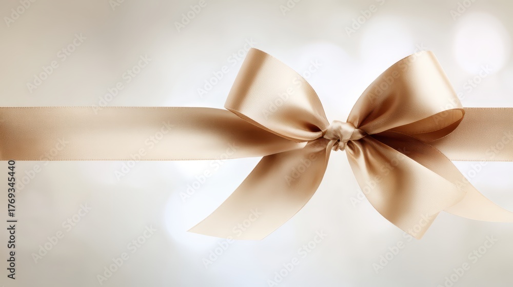 Fototapeta premium Beige ribbon with decorative bow sits on white elegant beige ribbon forms charming bow on plain white background