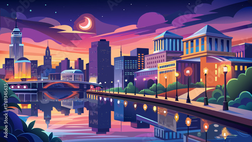 Very beautiful Delaware River waterfront section of Trenton, New Jersey, illuminated by glowing city lights at dusk, reflecting shimmering colors on the calm river in a peaceful urban atmosphere.