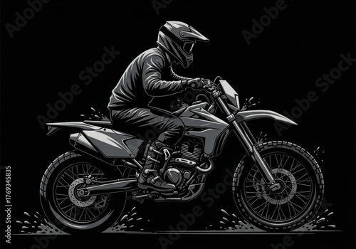 Vector illustration of a motocross rider on a dirt bike, showcasing extreme sport and adventure. Dynamic line art drawing of a man riding a sport motorcycle, capturing the thrill of off-road racing.