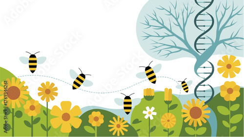 Bees flying between flowers symbolizing pollination and biodiversity