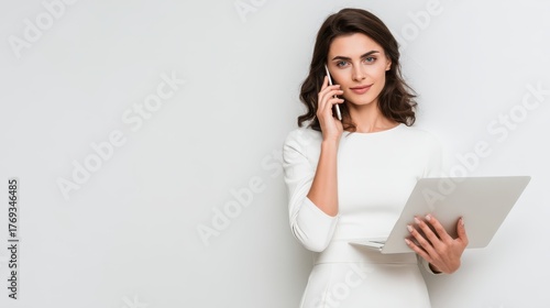 Woman in white dress holds tablet talks on phone lady in white garment communicates via phone holding device