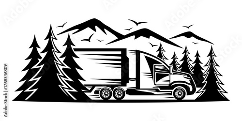 A truck on a road among forests and mountains.