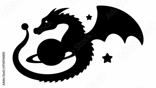 Majestic dragon silhouette with planet and stars, a symbol of fantasy and cosmic wonder