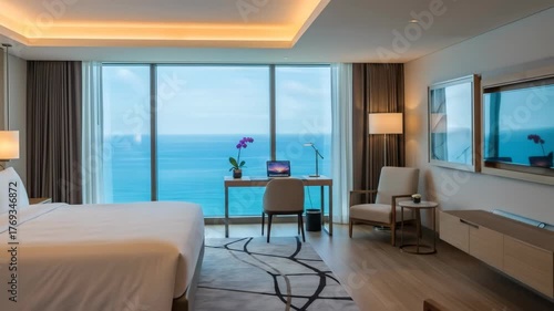 Wallpaper Mural Elegant hotel room with ocean view and workspace setup Torontodigital.ca