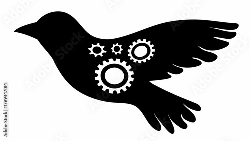 Innovative freedom concept featuring a flying bird silhouette with gears symbolizing progress