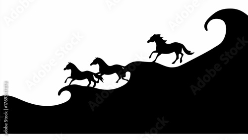 Striking horse silhouettes gallop on ocean waves, dynamic equine art for designs needing energy and freedom