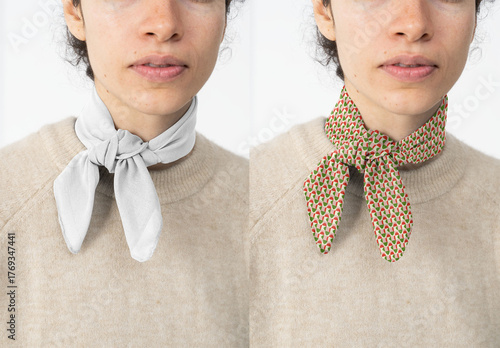 Mockup Of Woman Wearing Customized Scarf Around Neck