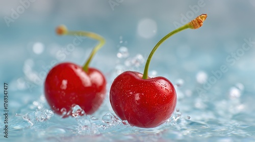 Fresh Red Cherries Splashing in Water