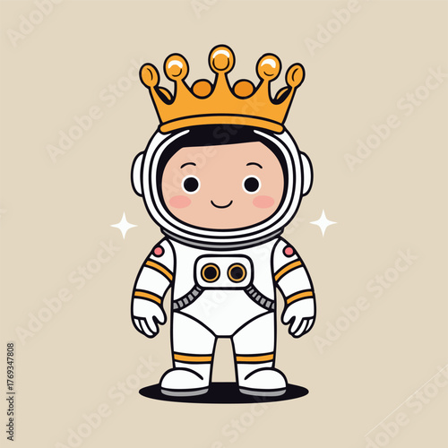An adorable scene featuring a cheerful astronaut king in a vibrant spacesuit, standing on a mini planet, waving his royal scepter as cheerful space critters gather to celebrate his reign.