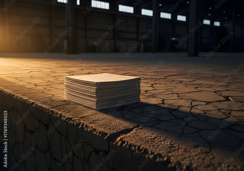 Fototapeta premium A stack of blank papers on a rough, cracked surface, with a vast, dim industrial space in the background