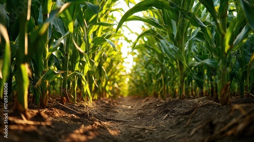Closeup view of green corn plants growing in rows on sunny farm