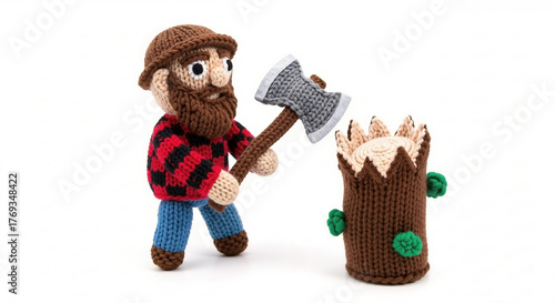 A knitted lumberjack doll in a plaid shirt swings an axe at a knitted tree stump with a brown beard and cap.