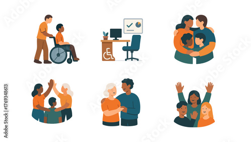 Accessibility, Support, and Inclusion Illustration Set. accessibility, friendship, teamwork, and inclusivity. Perfect for social awareness campaigns, NGO visuals, and diversity content.