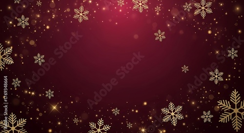  Festive background with gold snowflakes and sparkles on deep burgundy backdrop