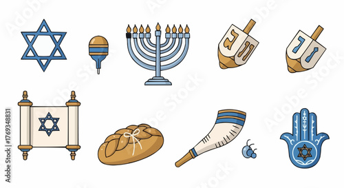 Celebrate Hanukkah with this vibrant collection of illustrated Jewish holiday symbols
