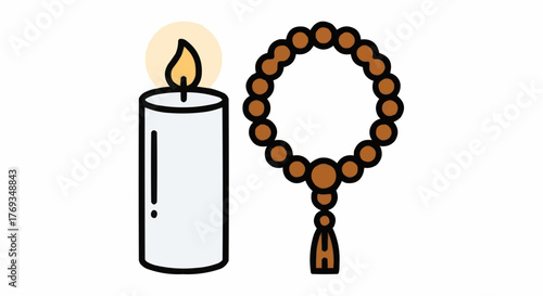 Meditative candle and prayer beads evoke mindfulness, spiritual reflection, and serenity