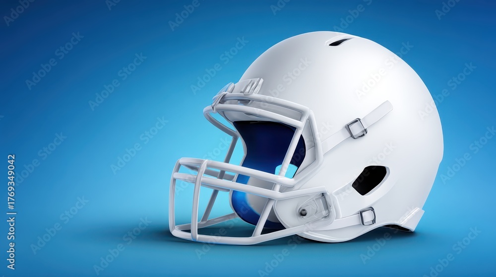 Fototapeta premium Blue background highlights a football helmet protective football helmet rests on a blue surface