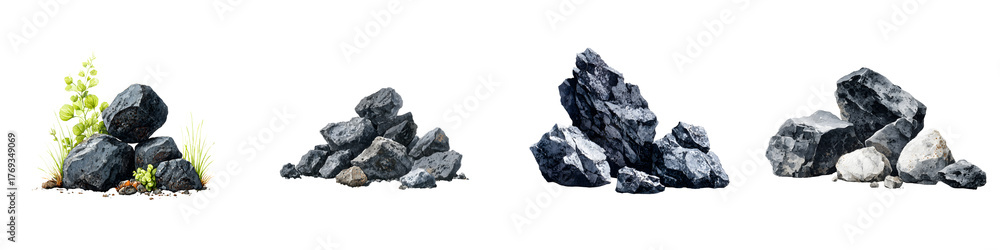 Naklejka premium Piles of Coal: Different Textures and Sizes on White