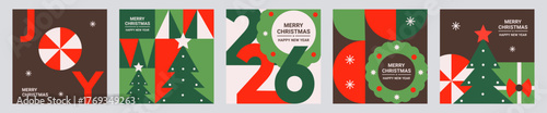 Merry Christmas and Happy New Year greeting cards set with festive typography, wreaths, candy, Xmas trees, a gift, stars, snowflakes in a modern geometric style—perfect for web, prints, social media.