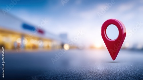 Red marker on road city in background vibrant marker stands on asphalt road toward distant city