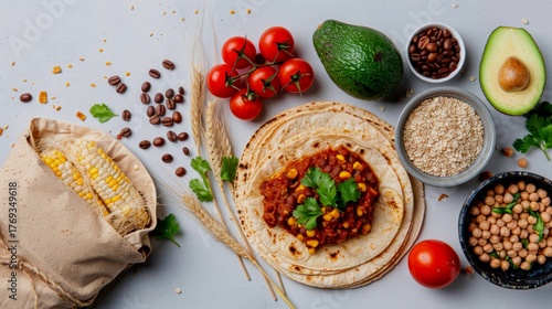The image features a curated collection of iconic Latin American crops: ears of corn, wheat stalks, ripe tomatoes, halved avocados, chickpeas garbanzo beans, coffee beans, and cocoa pods