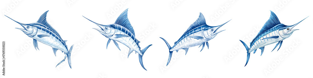 Fototapeta premium Blue Marlin Fish: Watercolor Illustration Collection on White