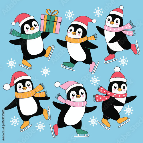 Cute Christmas Penguins Ice Skating with Gifts | Adorable Winter Holiday Illustration for Kids