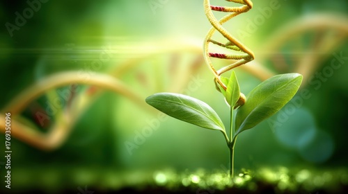 Conceptual illustration of a plant sprouting with a dna helix superimposed on the image