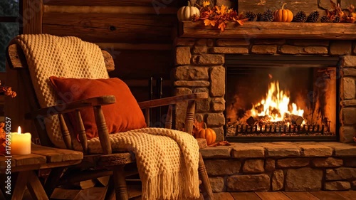 cozy autumn fireplace scene with rocking chair