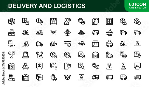 Delivery and Logistics Icon Set in Vector Style Featuring Shipping, Transport, Package, and Supply Chain Symbols