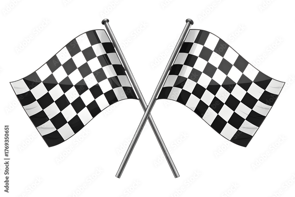Fototapeta premium Two crossed black and white checkered flags symbolizing a race finish or victory. Isolated on a transparent background, PNG format. Perfect for motorsport design, racing events, competition themes, an