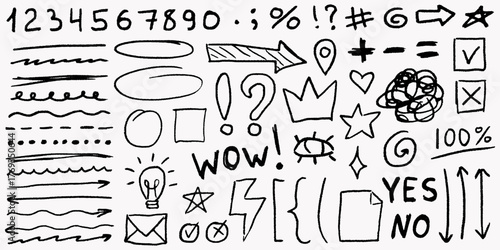 Hand drawn vector pencil lines with childish doodles and swirls, gritty texture, random stars and curls, scrawled strokes and cute abstract sketchy icons.