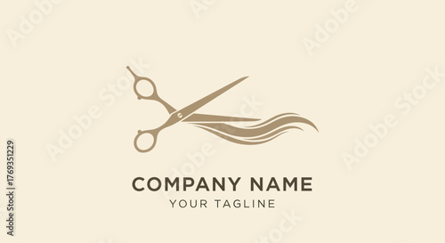 Elegant Hairdressing Scissors with Flowing Hair Strands Logo Design.